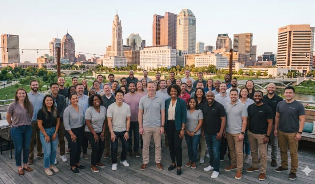 NCK Residential team standing outdoors with Cleveland skyline in background.